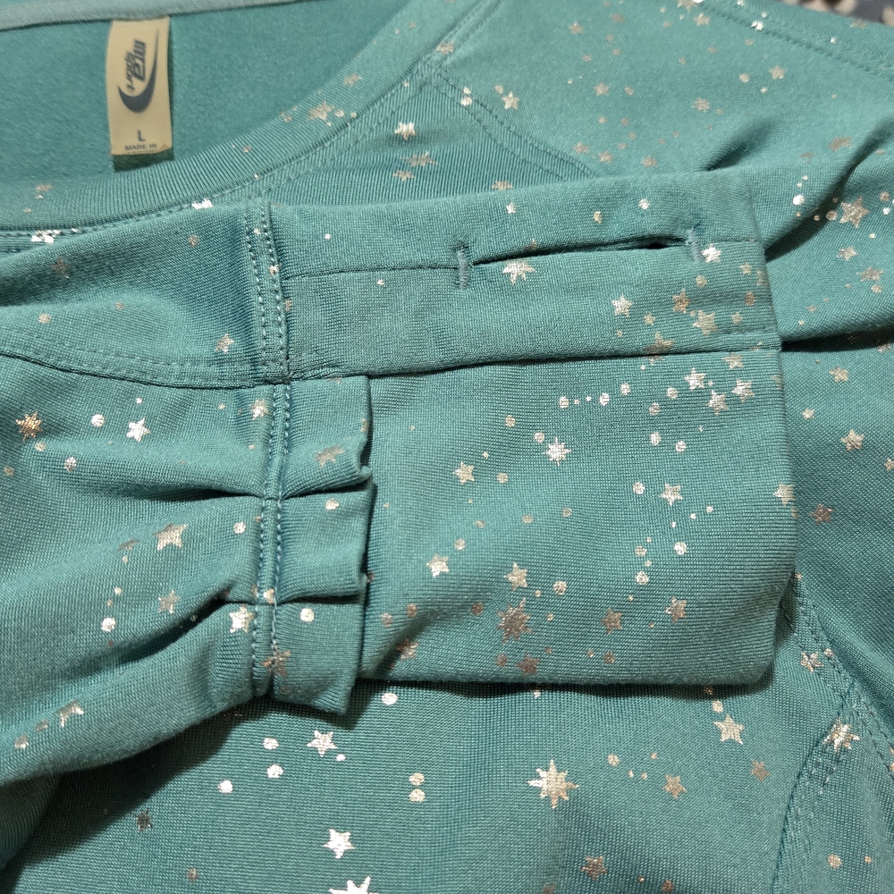 MTA Sport Teal Starry Long Sleeve Shirt Size Large Silver Metallic Stars Ruffles - Picture 5 of 10